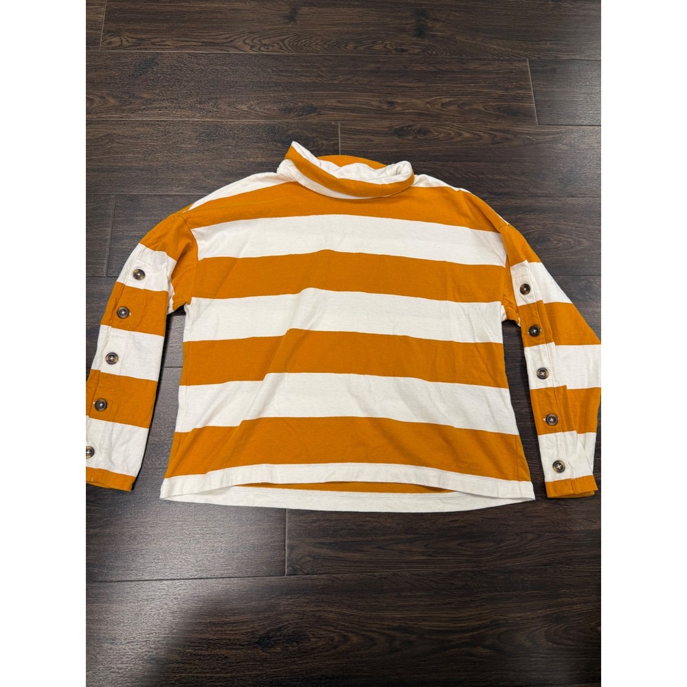 Madewell Striped Mock Neck Button Sleeve Top Women's Medium Mustard Cream
